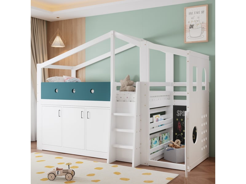  Lit mi-hauteur enfant 90 x 200 cm en forme de maison, espace jeu, armoire de rangement, échelle evarich - Conforama E