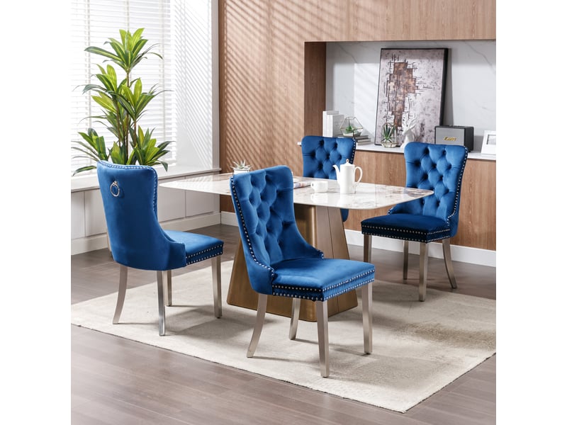 Lot de 2 chaises 62x50x95 cm de salle à manger, velours bleu, dossier haut, mousse, structure en bois, pieds réglables - Conforama E