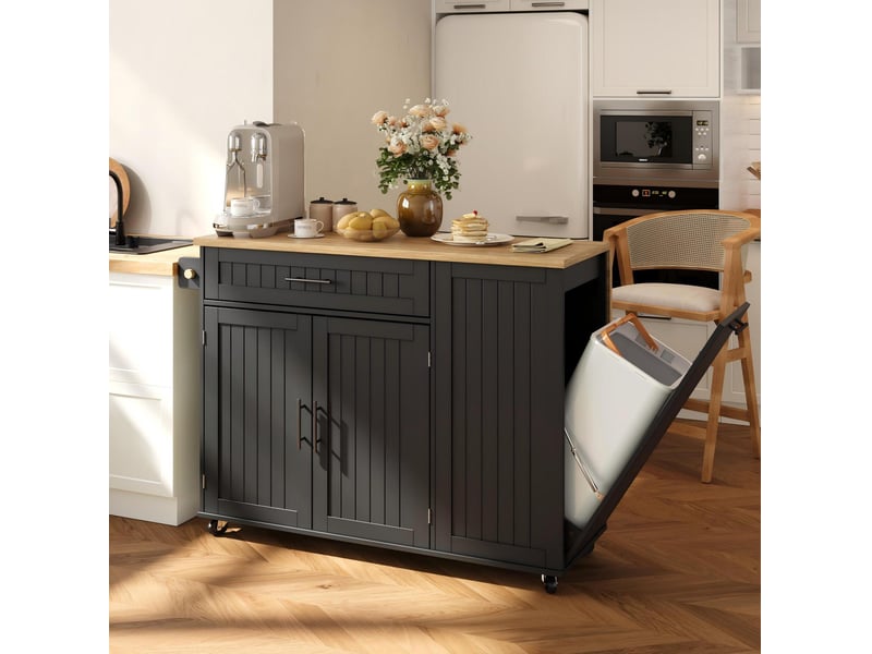  Îlot de cuisine mobile avec plan de travail pliable, chariot, armoire de rangement, placard poubelle, étagère au-dessus de la porte, roues verrouillables, 130 × 45 (70) × 93 cm  - Conforama E