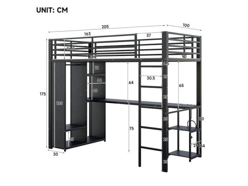  Lit mezzanine 90x200 cm noir en métal et mdf avec bureau, armoire ouverte, led et prises usb-c, sans matelas  - Conforama C