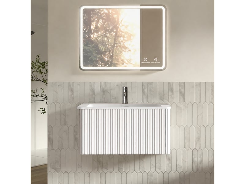  Ensemble meuble vasque suspendu 80 cm blanc avec miroir led  - Conforama E