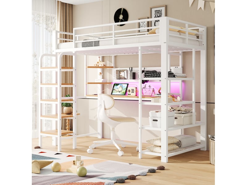  Modenvie lit mezzanine 90x200 cm - bureau intégré, led multicolore et rangements - blanc  - Conforama D