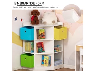 Étagère d’angle enfant blanche, 3 bacs de rangement, meuble jouets, 57,4x57,4x94 cm, 3-12 ans