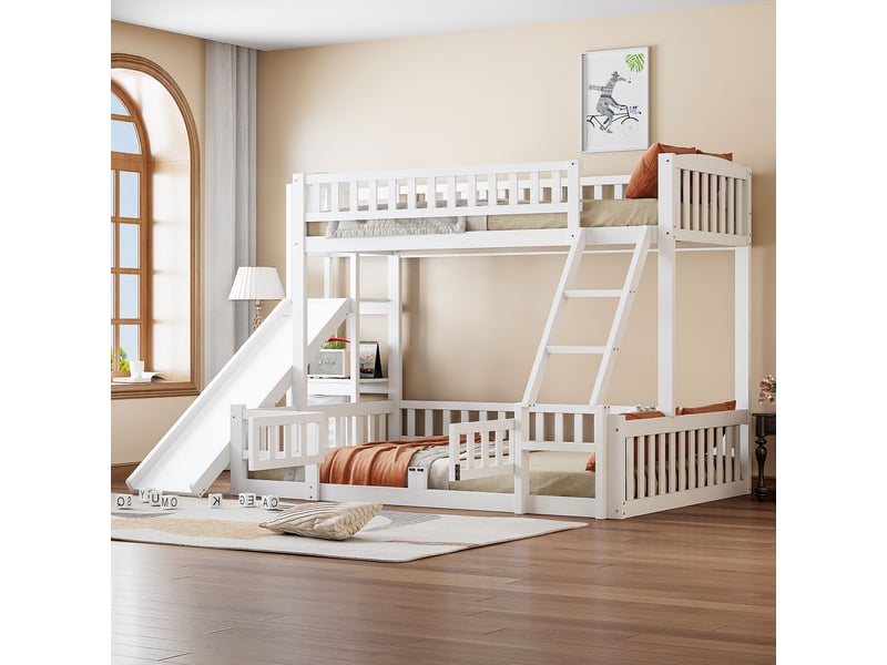  Lit superposé 140x200+90x200cm avec toboggan, étagères de rangement, escalier et sommiers, pin+mdf, blanc, sans matelas  - Conforama C