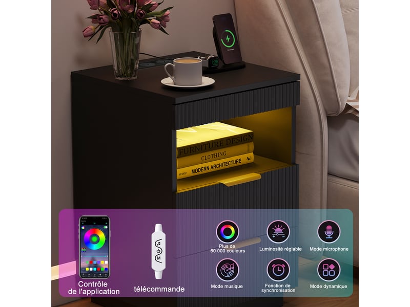  Table de chevet style luxe noir à texture cannelée 60×40×40 cm, 2 tiroirs avec tiroir caché, éclairage led rgb, station de charge prises secteur, usb‑a et usb‑c, compartiment de rangement ouvert  - Conforama D
