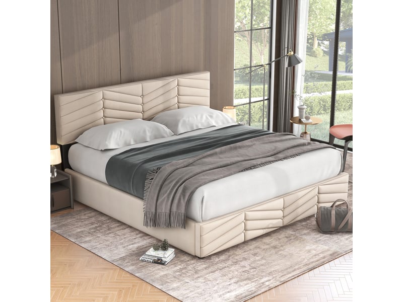  Lit double 160x200 cm velours beige – tête de lit rayée réglable avec coffre hydraulique  - Conforama B