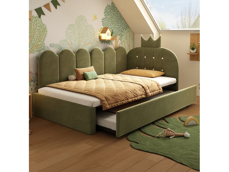  Modenvie lit gigogne 90x200 cm - velours avec tiroir-lit, dossier couronne, sans matelas - vert  - Conforama D