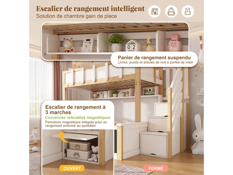  Lit superposé pour enfants (90x200 &amp; 140x200 cm) – lit superposé en bois avec escalier de rangement, tableau et barrière de sécurité – blancnaturel  - Conforama E