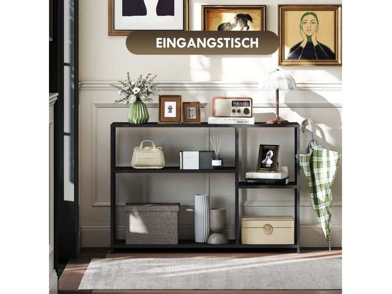  Console d'entrée 110 x 30 x 75 cm – noire – 4 niveaux de rangement en acier, design industriel et stable  - Conforama E