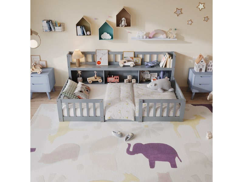  Lit simple 90x200 cm, lit enfant avec bibliothèque et barrières, lit au sol montessori en bois, sommier, gris  - Conforama D