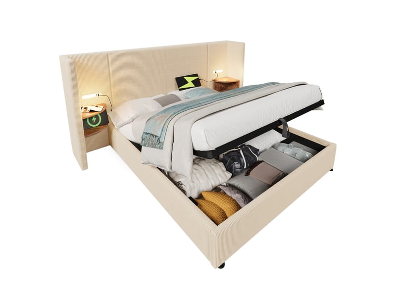  Lit coffre 160x200cm avec table nuit lampe usb-c sommier bois metal beige blanc velours avec matelas  - Conforama A