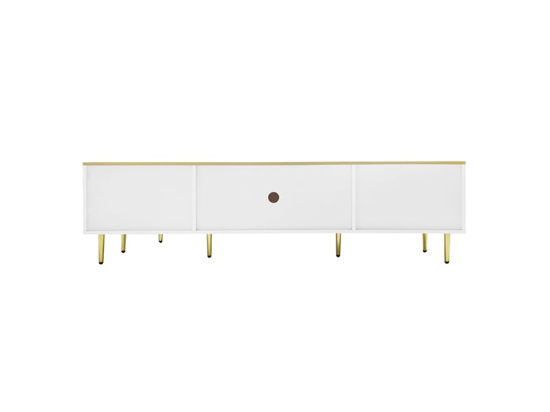  Meuble tv effet marbre, 4 tiroirs structurés, poignées dorées, 2 portes en verre trempé, led, blanc et doré  - Conforama E