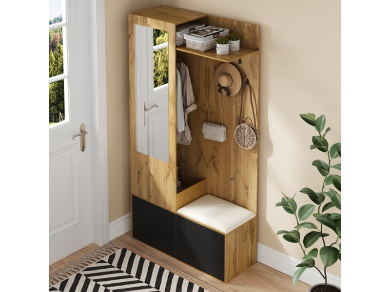  Ensemble d'entrée: placard, 5 crochets, miroir, porte-chaussures, étagère haute avec espace caché, banc d’entrée  - Conforama D