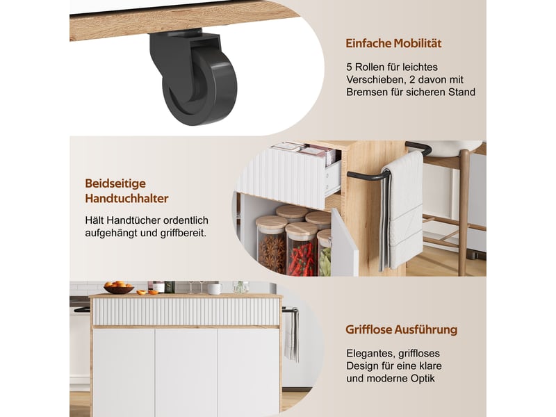  Îlot de cuisine mobile avec plateau rabattable, blanc et bois, 120 x 65 x 91 cm  - Conforama W