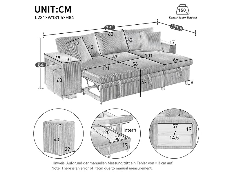  Canapé d'angle convertible 3 places 231 x 131,5 x 84 cm avec rangement ports usb-c étagère et coussins, velours côtelé beige Sol Morn - Conforama C
