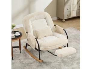 Fauteuil à bascule beige en fausse fourrure avec repose-pieds coulissant et dossier réglable 100 à 160°