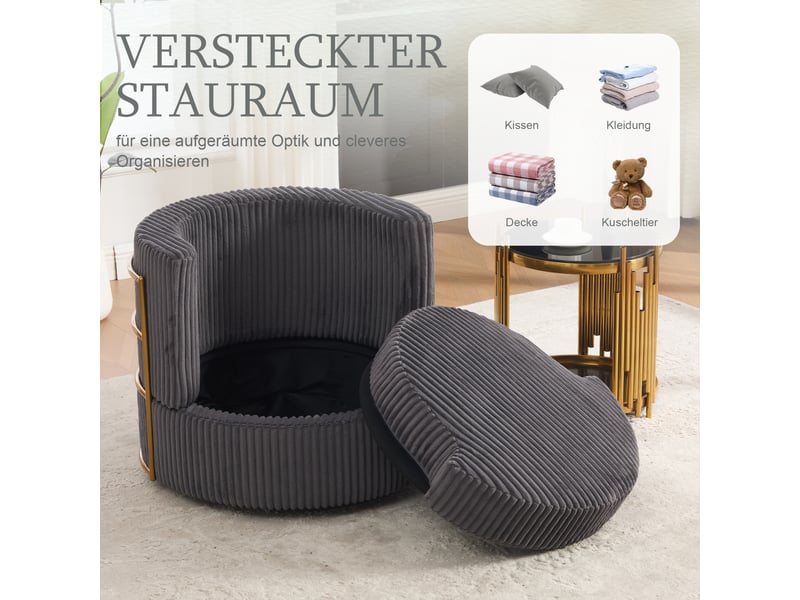 Fauteuil pivotant 360° gris en velours côtelé, accoudoirs mousse haute densité, rangement sous assise, salon et chambre  - Conforama E