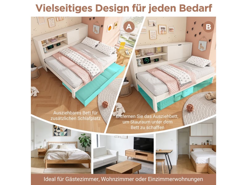  Lit gigogne avec rangement 140x190 cm - tête de lit ports usb type-c - lit gigogne - sommier à lattes inclus cadre blanc  - Conforama D