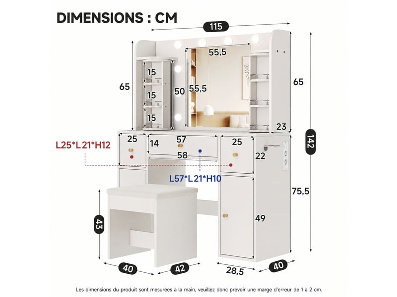  Coiffeuse blanche en panneaux de particules avec miroir, éclairage led réglable, 3 tiroirs et 2 placards. Dimensions : 115 x 40 x 142 cm.  - Conforama C