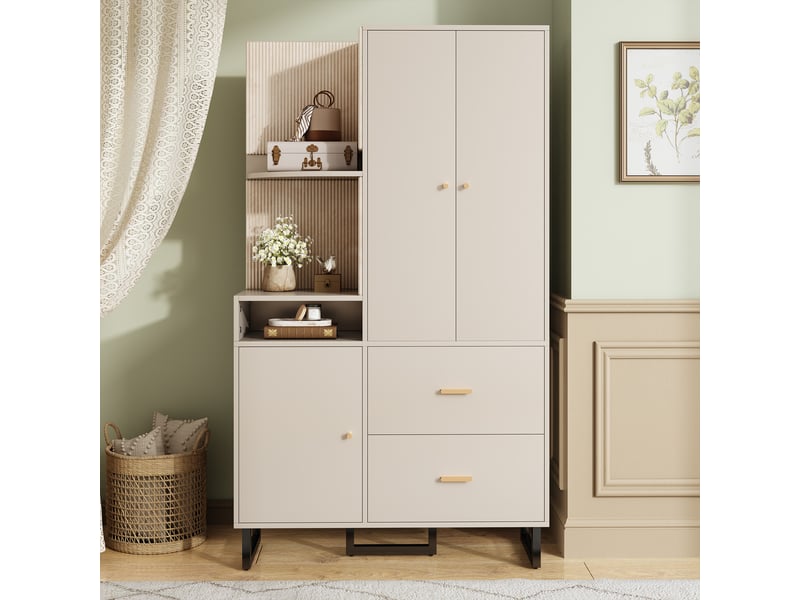  Vestiaire d'entrée, meuble d'entrée complet avec porte-manteau et banc à chaussures, armoire de couloir avec rembourrés et métal, beige et gris  - Conforama R