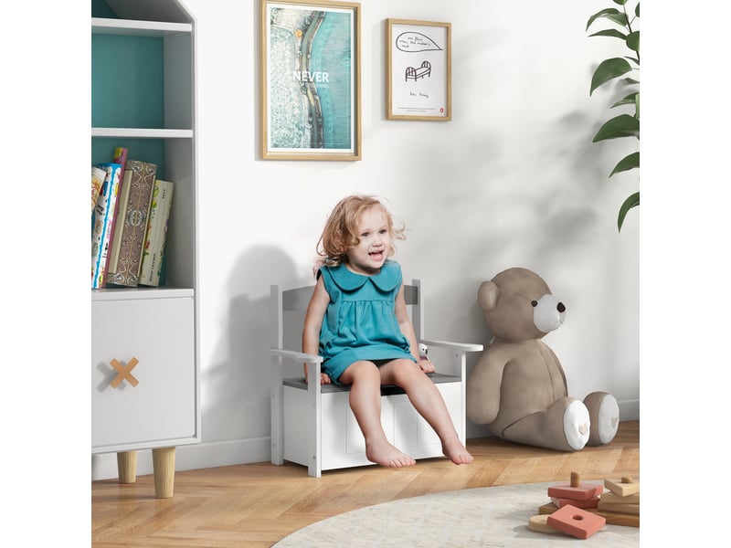 Banc rangement enfant, dossier, couvercle fermeture douce, charge 30kg. Salle de jeux, 68,5 x 34 x 58 cm, grisblanc. - Conforama B