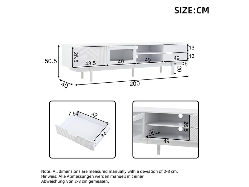 Meuble tv 200x40x50, design moderne avec 2 portes et 2 tiroirs, grand rangement et capacité de charge 45kg meuble tv avec rangement  - Conforama C