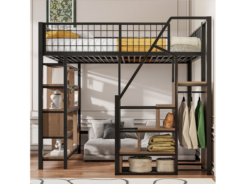  Lit mezzanine tcqpz 140 x 200 cm avec rangement, escalier et étagères, métal, contreplaqué et mdf noir  - Conforama E