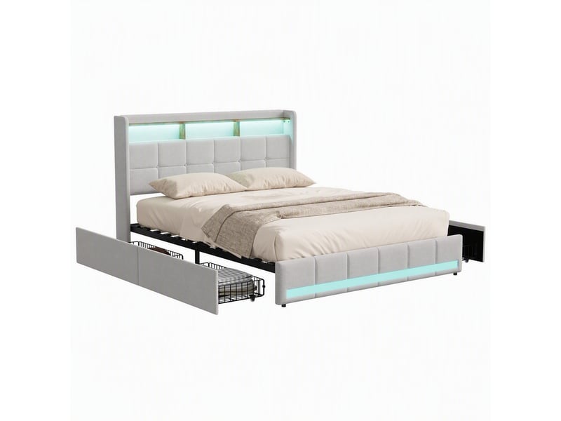  Lit double rembourré 140x190 cm avec éclairage led, lit 2 place avec 4 tiroirs et usb, sommier à lattes en bois  - Conforama A