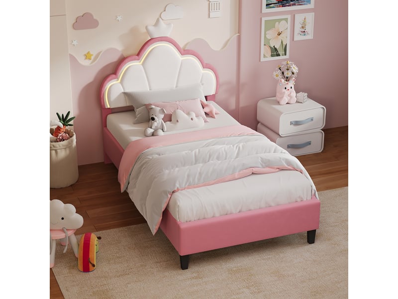  Lit simple enfant, 90 x 190 cm, avec lumière led et tête de lit réglable, velours, rose  - Conforama E