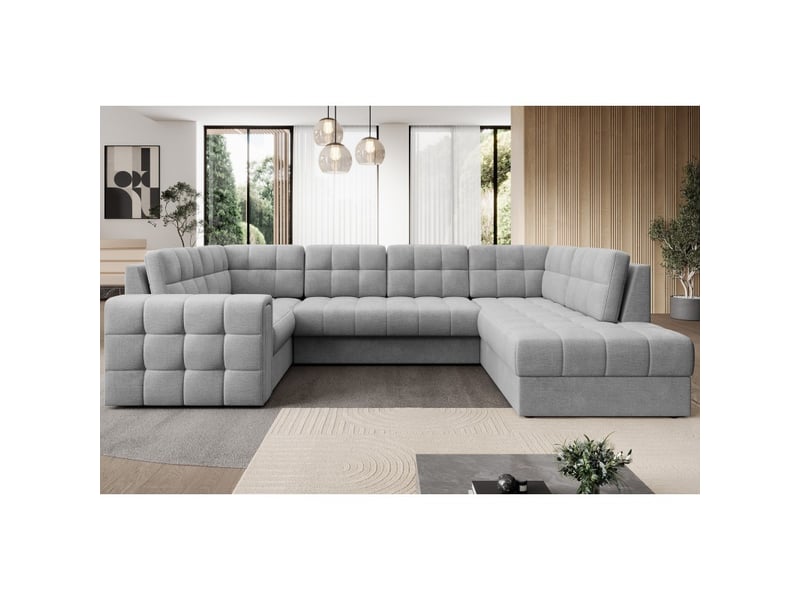  Canapé d'angle convertible monteza gris 299 cm avec coffre et couchage  - Conforama D
