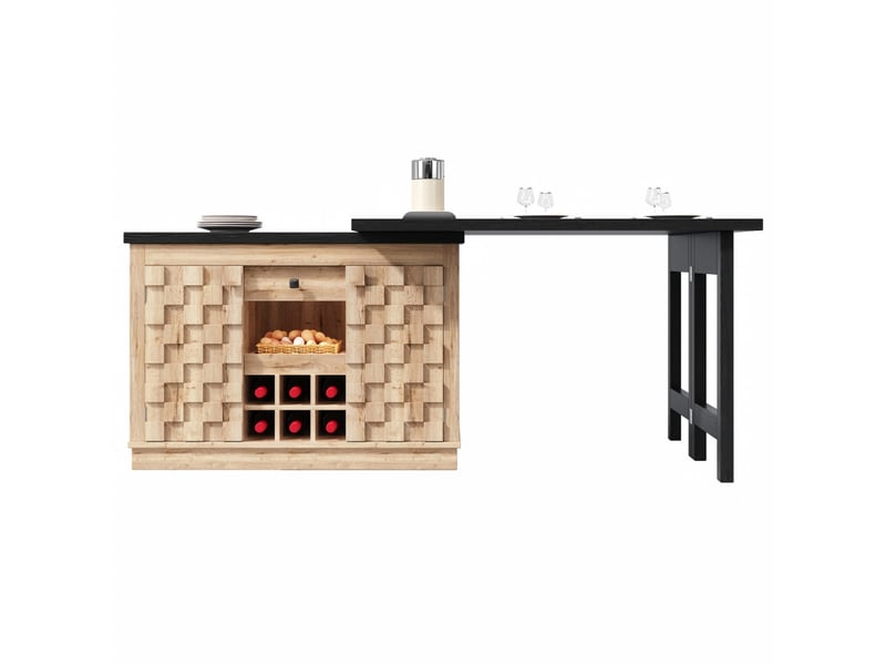  Îlot de cuisine extensible 120-197 x 40 x 74,2 cm, plateau pivotant à 360°, casier à vin amovible, tiroir, chêne clair  - Conforama A