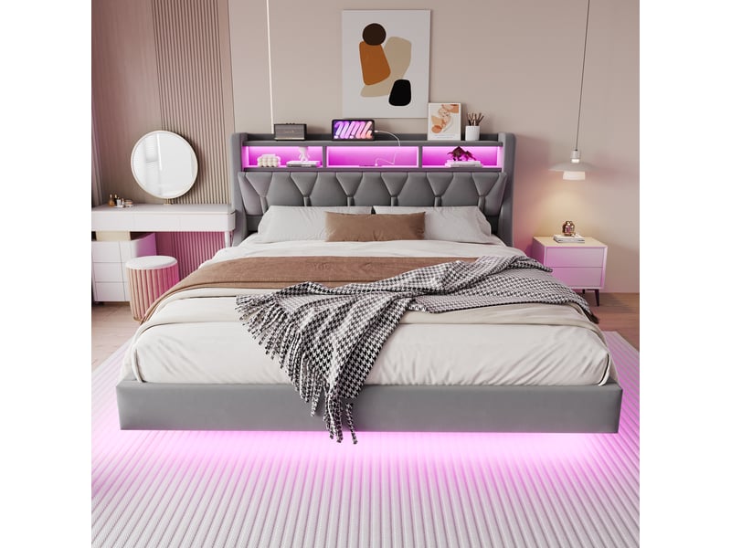  Lit double rembourrés 180x200 cm avec éclairage led, cadre de lit 2 personnes en gris, tête de lit rabattable avec prise électrique  - Conforama D