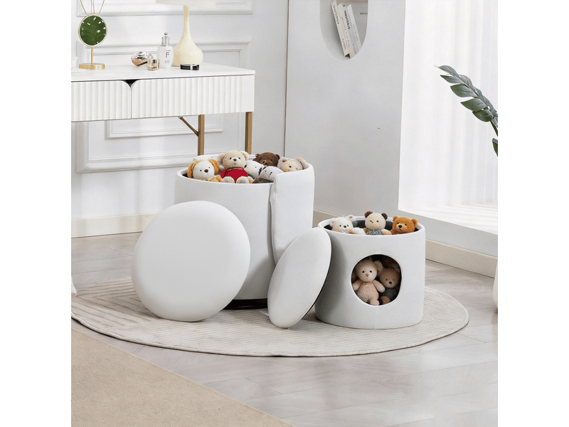  Fauteuil pouf pivotant 360° avec coffre de rangement et tabouret, en velours blanc, 53 × 50 × 47 cm  - Conforama C