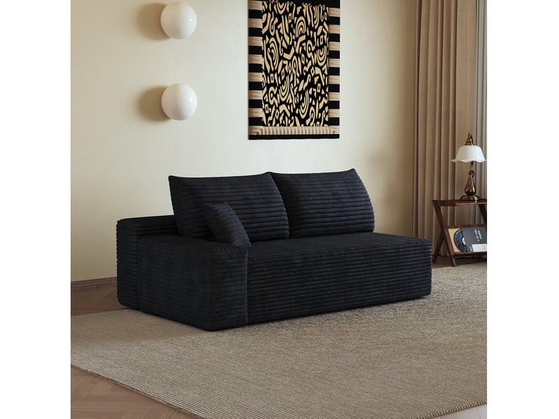  Canapé d'angle réversible 2 places avec méridienne, sans montage et assise moelleuse, en tissu noir  - Conforama B