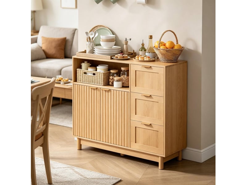  Sideboard 90 x 35 x 80 cm couleur bois, mdf et panneau de particules, rangement avec tiroirs et portes  - Conforama B
