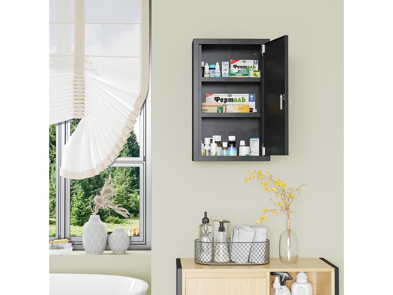  Armoire à pharmacie à 3 étagères avec serrure à clés, en acier, 30 x 14 x 46 cm, noire  - Conforama D