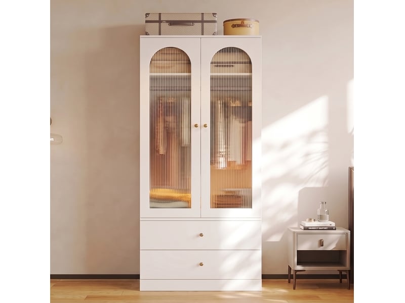 Armoire de chambre blanche 90x50x200 cm avec 2 tiroirs, 2 portes en verre cannelé et 1 penderie - Conforama B