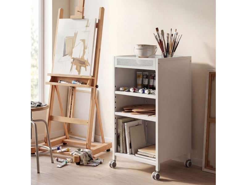  Bibliothèque mobile 35x34x69,5 cm avec tablettes réglables et panier supérieur, métal blanc  - Conforama C
