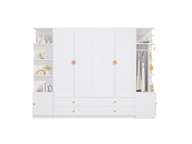  Armoire dressing 6 portes 270x45x200 cm, 4 tringles, 4 tiroirs, rangement modulable, mdf bois acier, blanc  - Conforama A