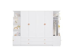 Armoire dressing 6 portes 270x45x200 cm, 4 tringles, 4 tiroirs, rangement modulable, mdf bois acier, blanc