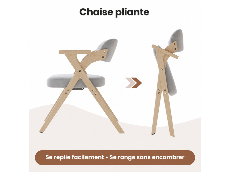  Lot de 4 chaises pliantes en bois massif et lin gris, avec accoudoirs, assise rembourrée, style nordique, salle à manger  - Conforama E