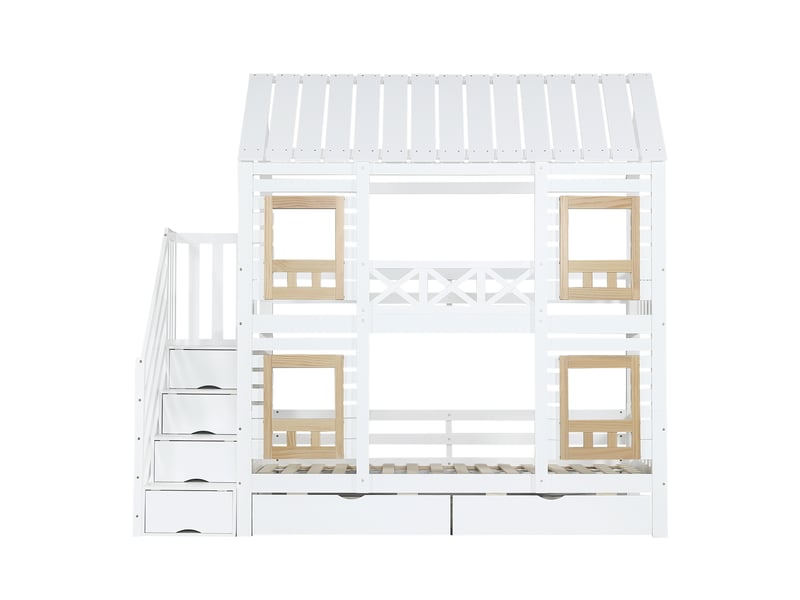  Lit superposé pour enfant, avec barrière de sécurité contrastée, fenêtre, deux tiroirs à roulettes, escalier avec 4 compartiments de rangement, pin et mdf, blanc et naturel, 90 x 200 cm  - Conforama D