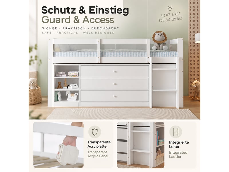 Lit mi-hauteur enfant 90x200cm avec barrière anti-chute en acrylique, 3 tiroirs, niches ouvertes et étagère latérale à 4 cases, bois, blanc evarich - Conforama D