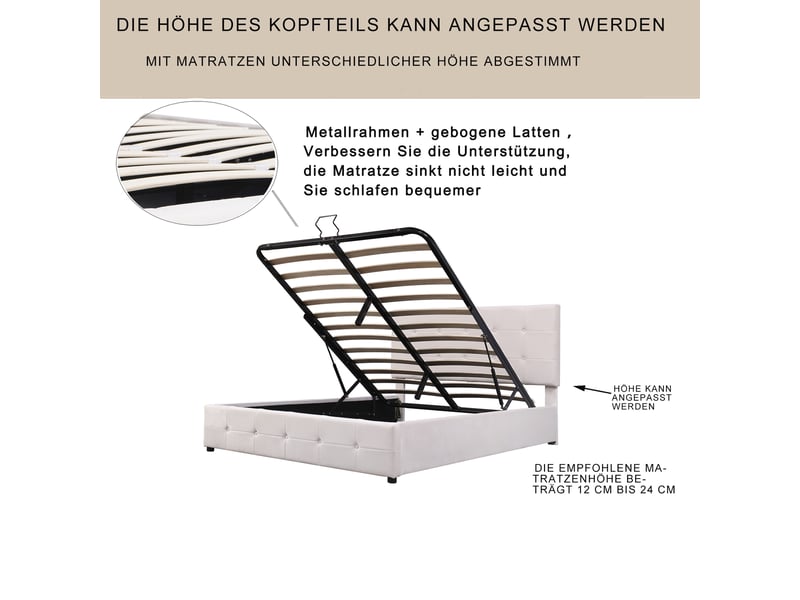  Lit coffre 140x200 cm velours crème - tête réglable, rangement hydraulique, design chic pour chambre moderne  - Conforama D