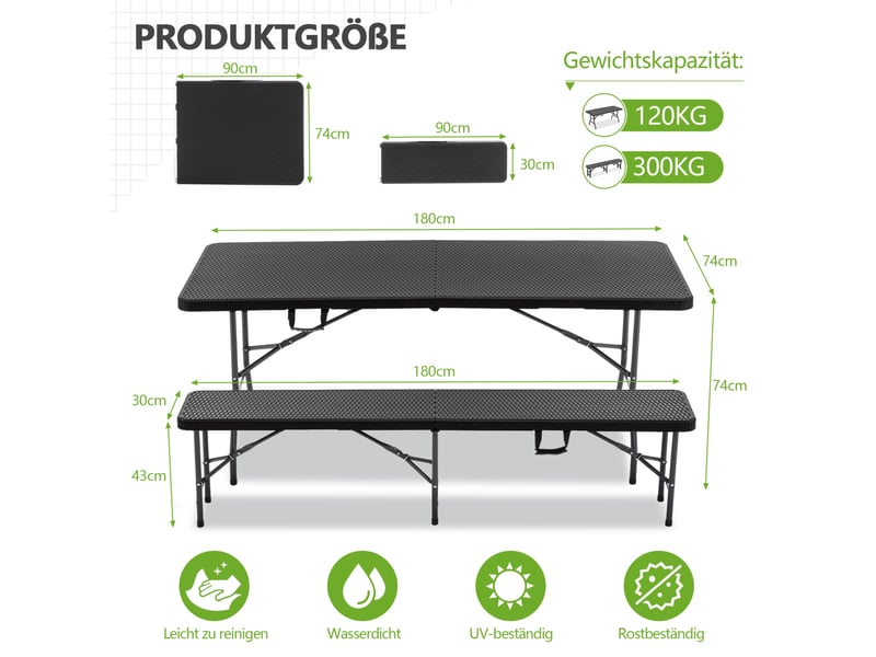  Table de pique-nique pliante avec 2 bancs 180 x 74 cm noire, plateau hdpe, pour 6 personnes en extérieur  - Conforama C