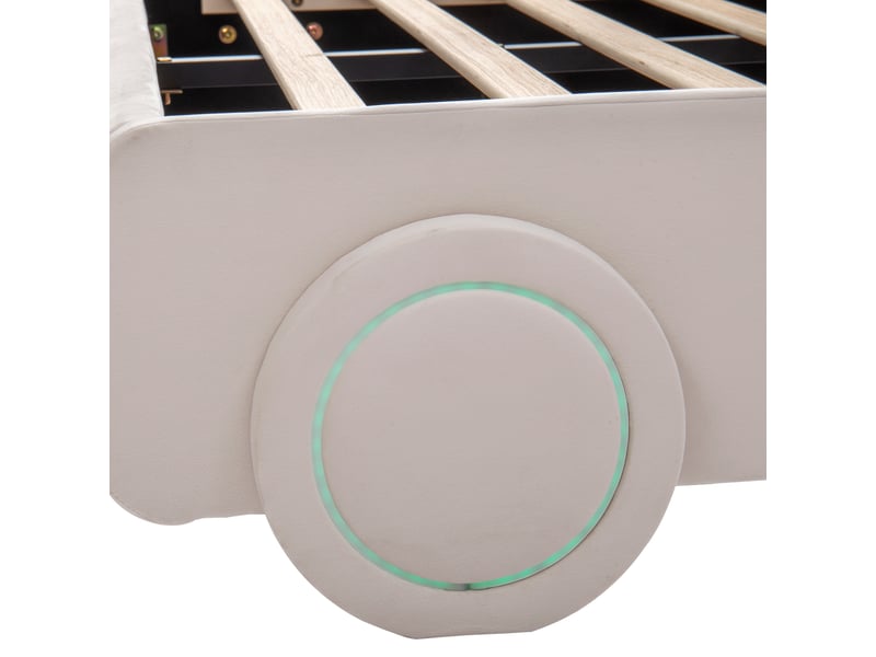 Lit voiture 90 × 200 cm, tête rembourrée réglable sur 2 hauteurs, roues led multicolores, sommier inclus, beige - Conforama E