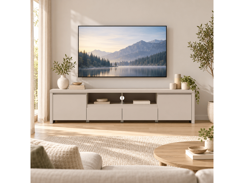  Meuble tv avec 2 portes et 2 tiroirs coloris cachemire - longueur 182 x profondeur 40 x hauteur 49 cm  - Conforama E
