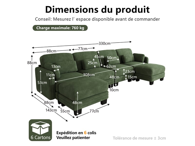  Canapé panoramique modulable 330 cm 4 places avec 2 poufs, coussins d’accoudoir amovibles, coussins lombaires épais, chenille, vert  - Conforama D
