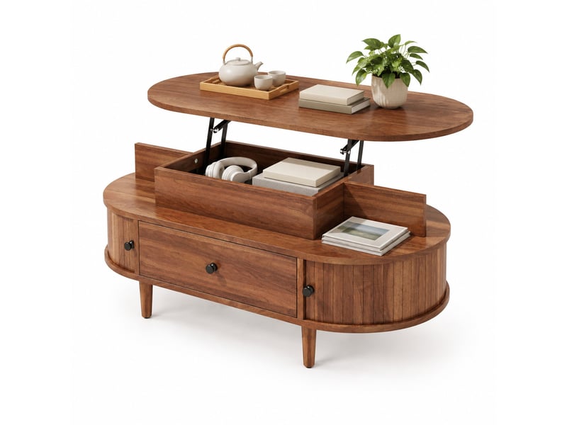 Table basse relevable ovale avec tiroir, 2 étagères et 2 portes coulissantes pour salon en mdf 105×50×60,5 cm noyer - Conforama A