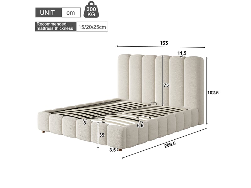  Lit coffre 2 places 140x190 cm en tissu bouclette blanc, tête de lit rembourrée et sommier inclus, sans matelas  - Conforama C